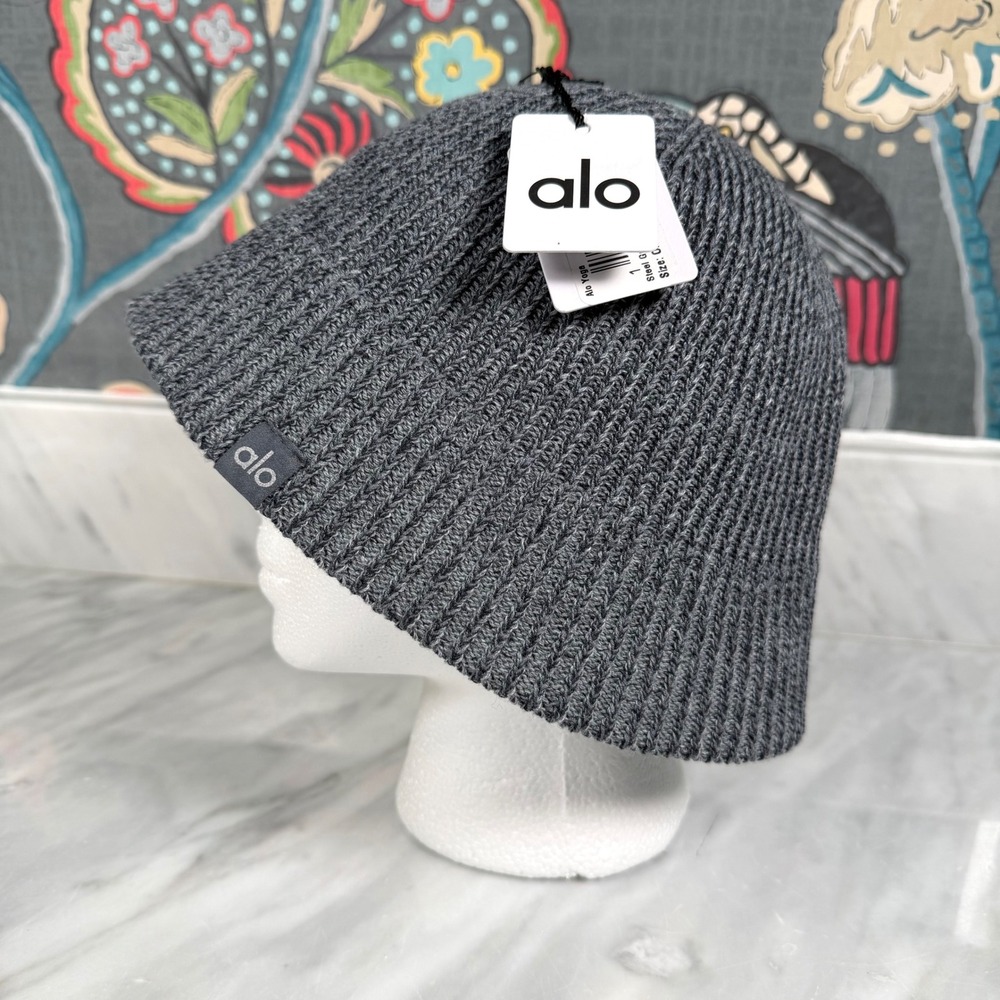 Alo Yoga Ribbed Denim Knit Cloche Bucket Hat Grey Anthracite A0679U One Size NEW